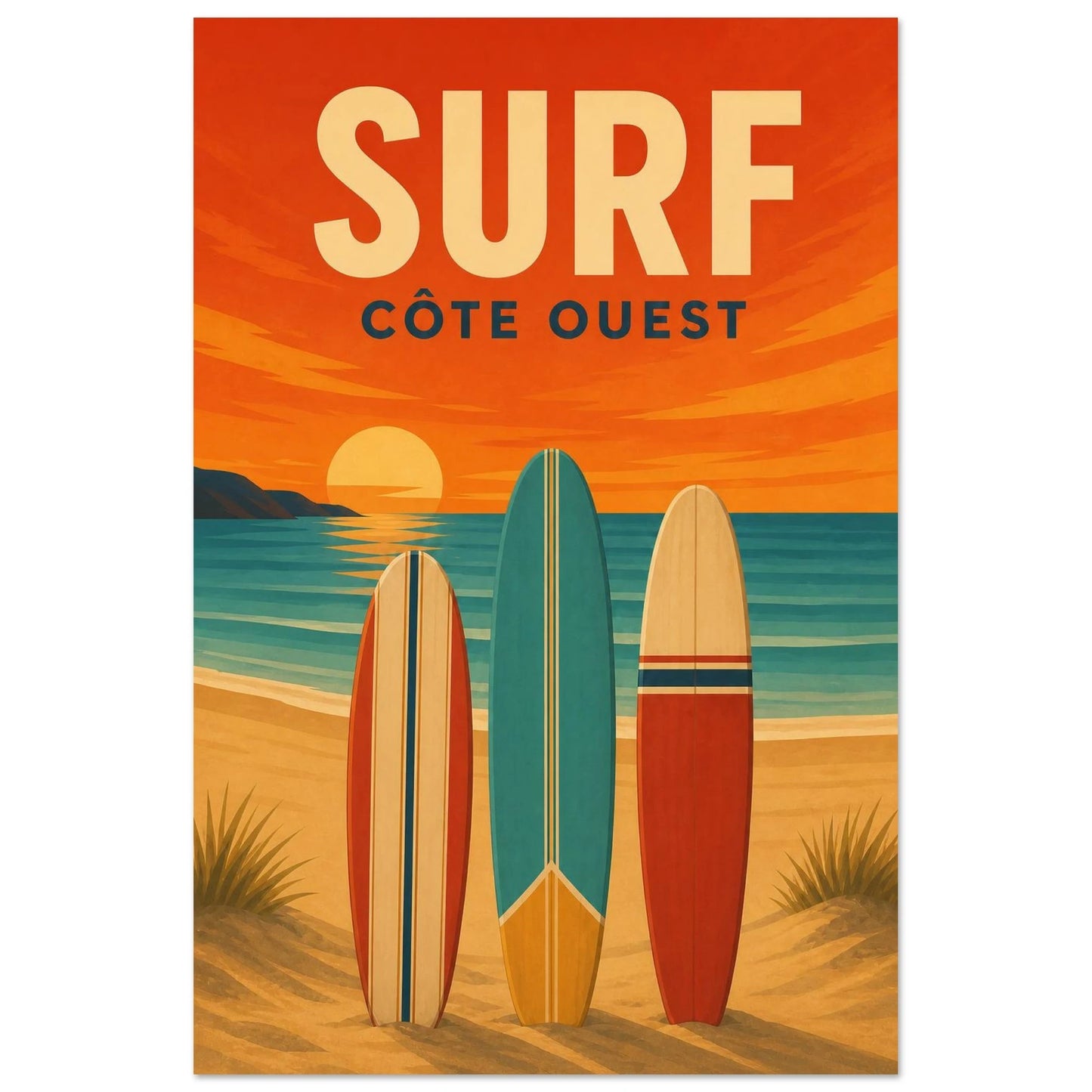 Affiche Surf – Côte Ouest, gouache contemporaine verticale, format 30 × 45 cm