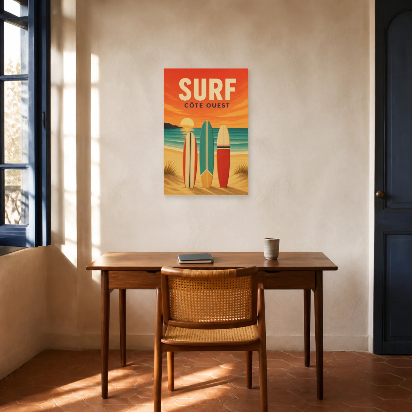 Affiche Surf – Côte Ouest dans un bureau - Art Virtuoso