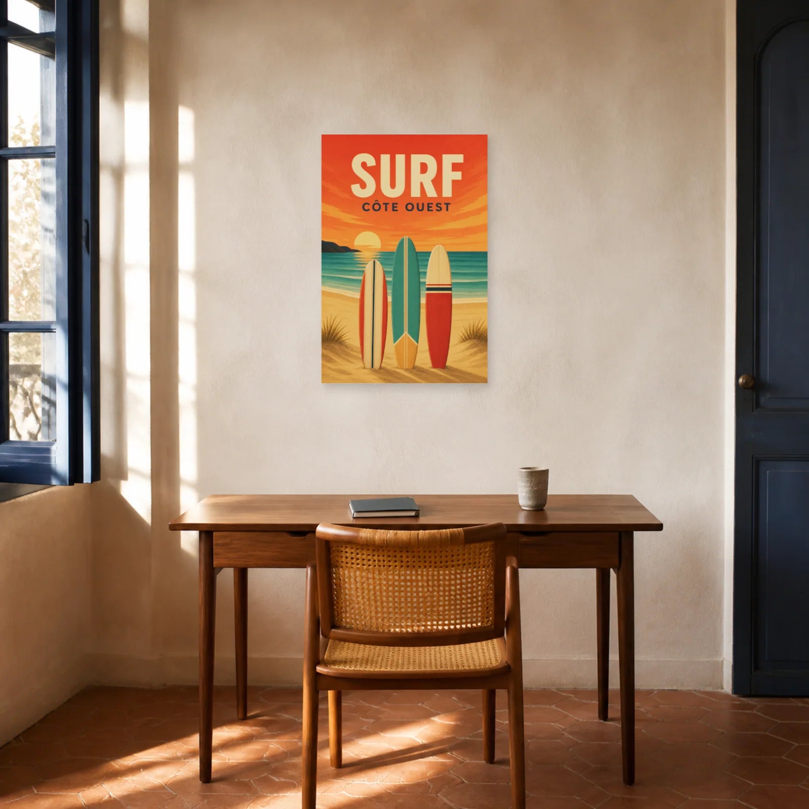 Affiche Surf – Côte Ouest dans un bureau - Art Virtuoso