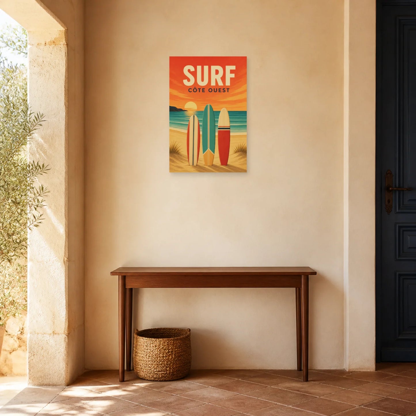 Affiche Surf – Côte Ouest dans une entrée ou un couloir - Art Virtuoso