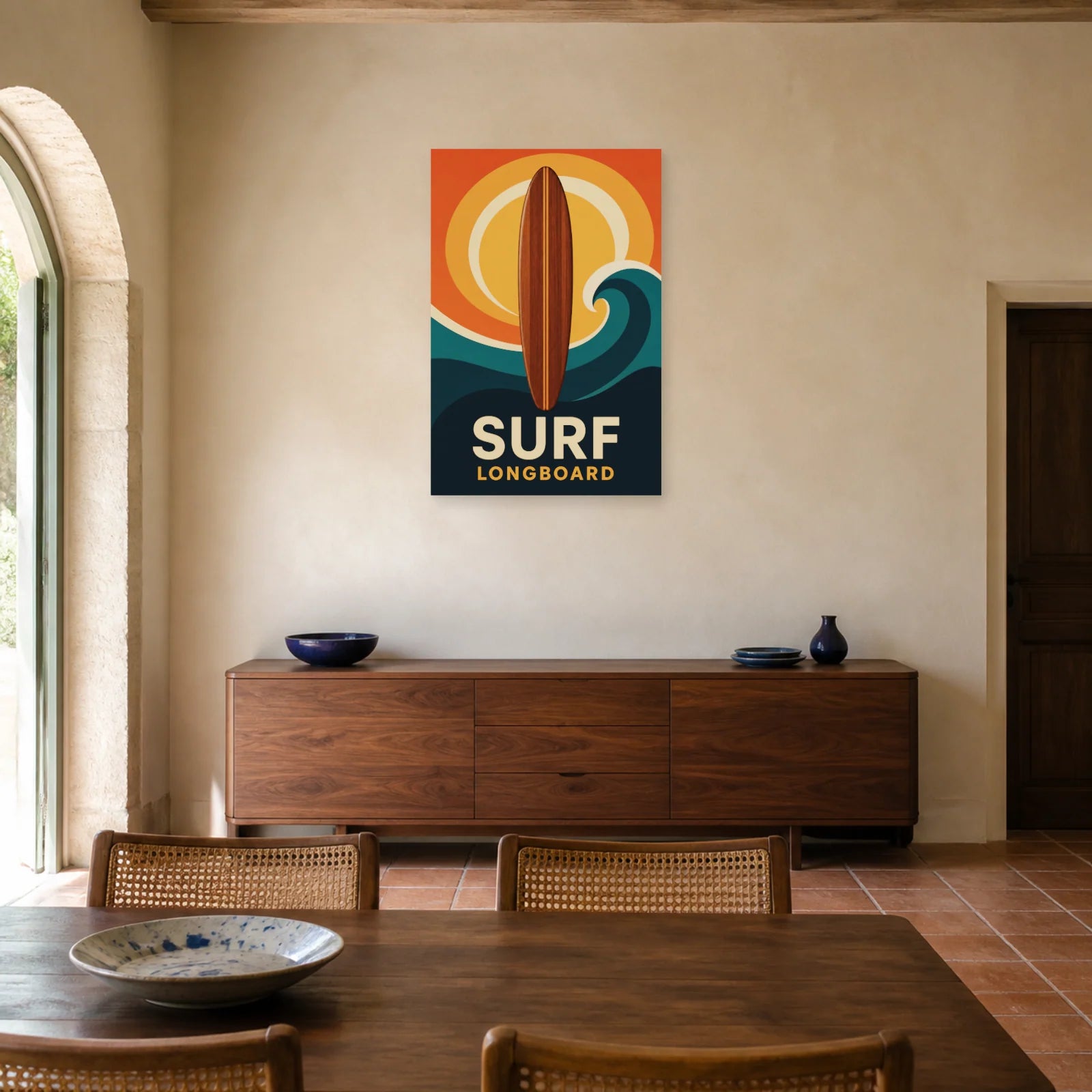 Affiche Surf – Longboard dans une salle à manger - Art Virtuoso