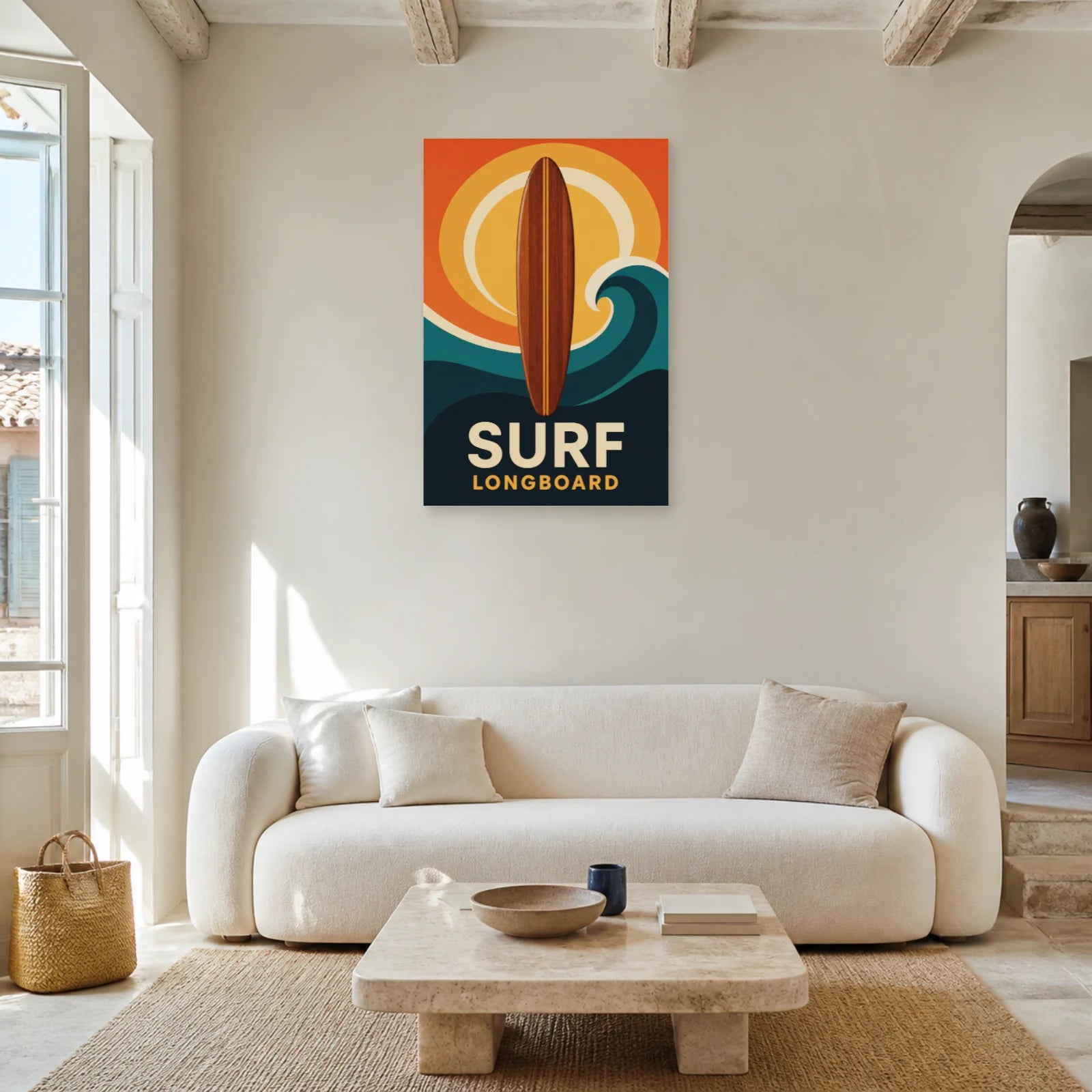 Affiche Surf – Longboard dans un salon - Art Virtuoso