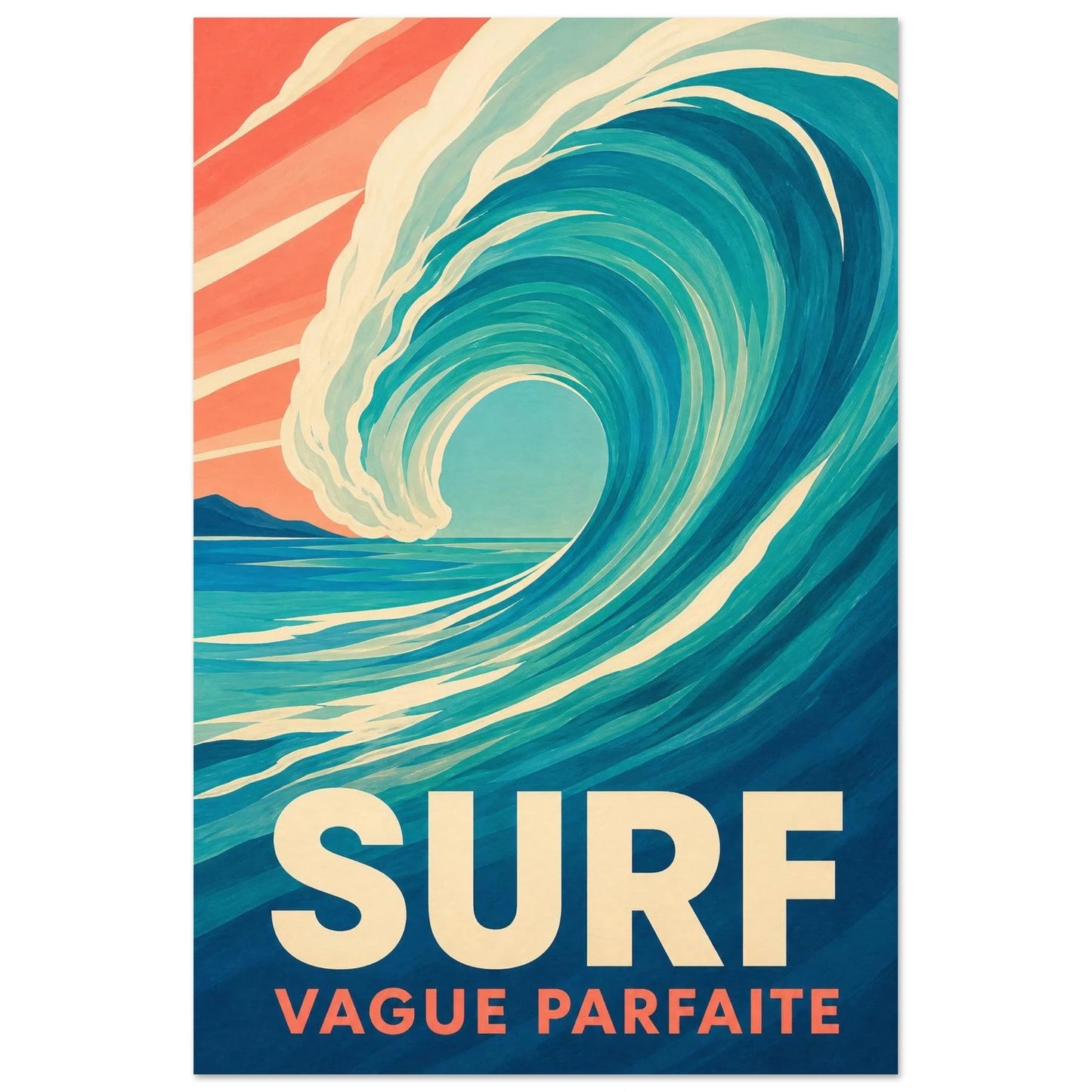 Affiche Surf – Vague Parfaite, sérigraphie illustrée verticale, format 30 × 45 cm