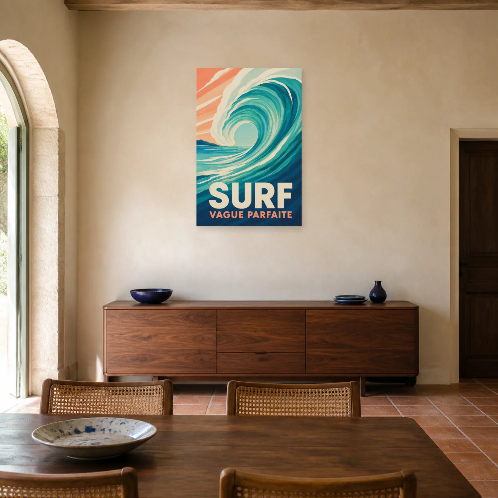 Affiche Surf – Vague Parfaite dans une salle à manger - Art Virtuoso