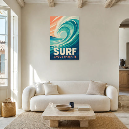 Affiche Surf – Vague Parfaite dans un salon - Art Virtuoso
