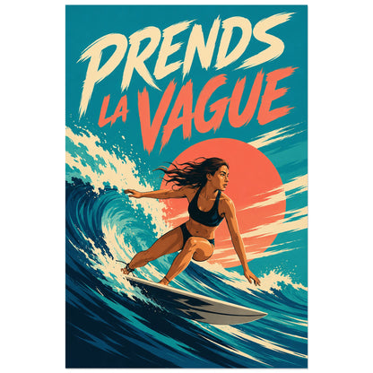 Surfeuse et écume devant disque corail, affiche 30 × 45 cm