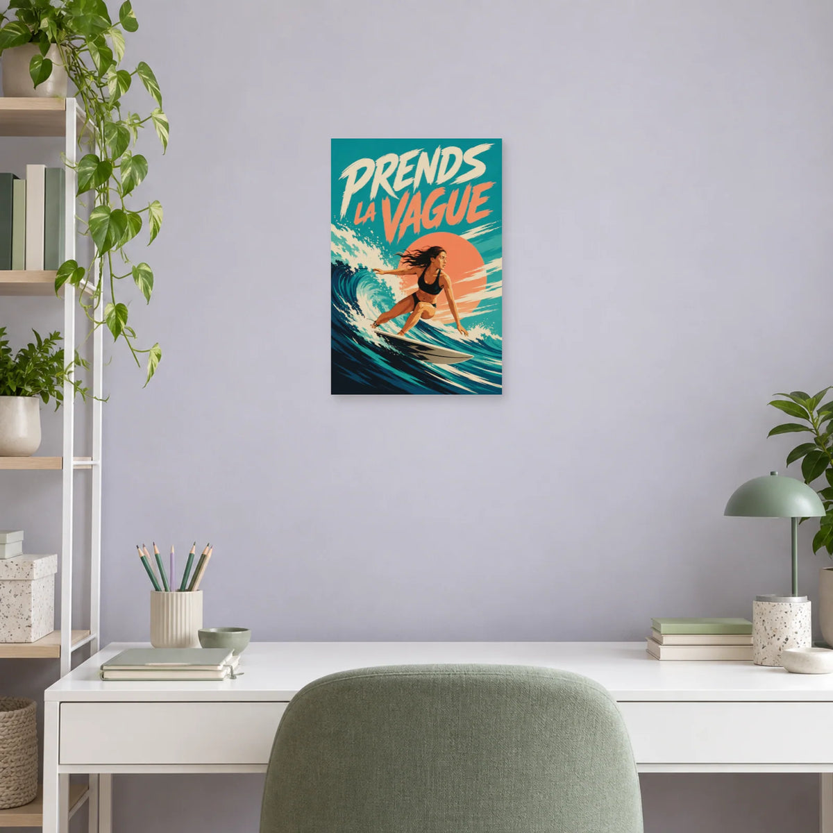 Affiche surfeuse – Prends la vague dans un bureau - Art Virtuoso