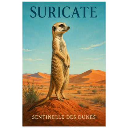Affiche Suricate, sentinelle des dunes, illustration naturaliste peinte à typographie intégrée verticale, format 30 × 45 cm
