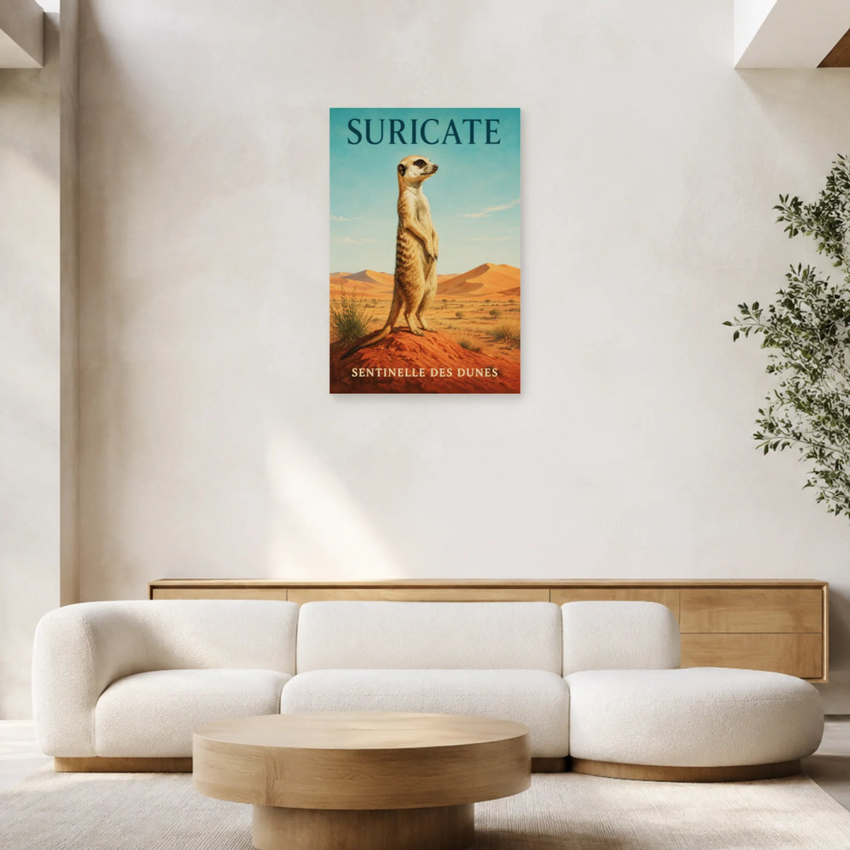 Affiche Suricate, sentinelle des dunes dans un salon - Art Virtuoso
