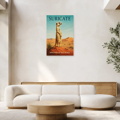 Affiche Suricate, sentinelle des dunes dans un salon - Art Virtuoso