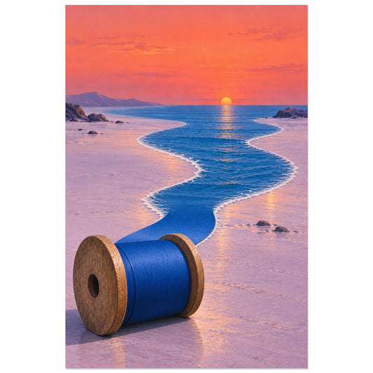 Affiche surréaliste bobine déroulant l'horizon, réalisme photographique / composition surréaliste / création numérique verticale, format 30 × 45 cm