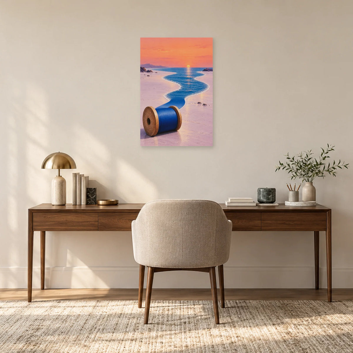 Garnrolle-und-Meer-Poster über einem dunklen Holzschreibtisch mit cremefarbenem Polsterstuhl