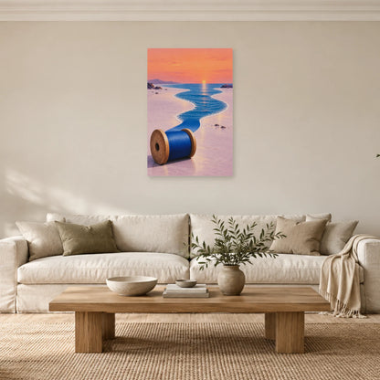 Garnrollenposter über einem cremefarbenen Sofa und rechteckigem hellem Holzcouchtisch