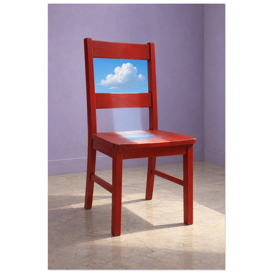 Affiche surréaliste chaise ouverte sur le ciel, réalisme photographique / composition surréaliste / création numérique verticale, format 30 × 45 cm