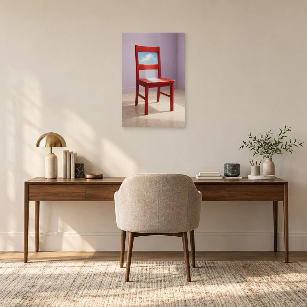 Affiche surréaliste chaise ouverte sur le ciel dans un bureau - Art Virtuoso