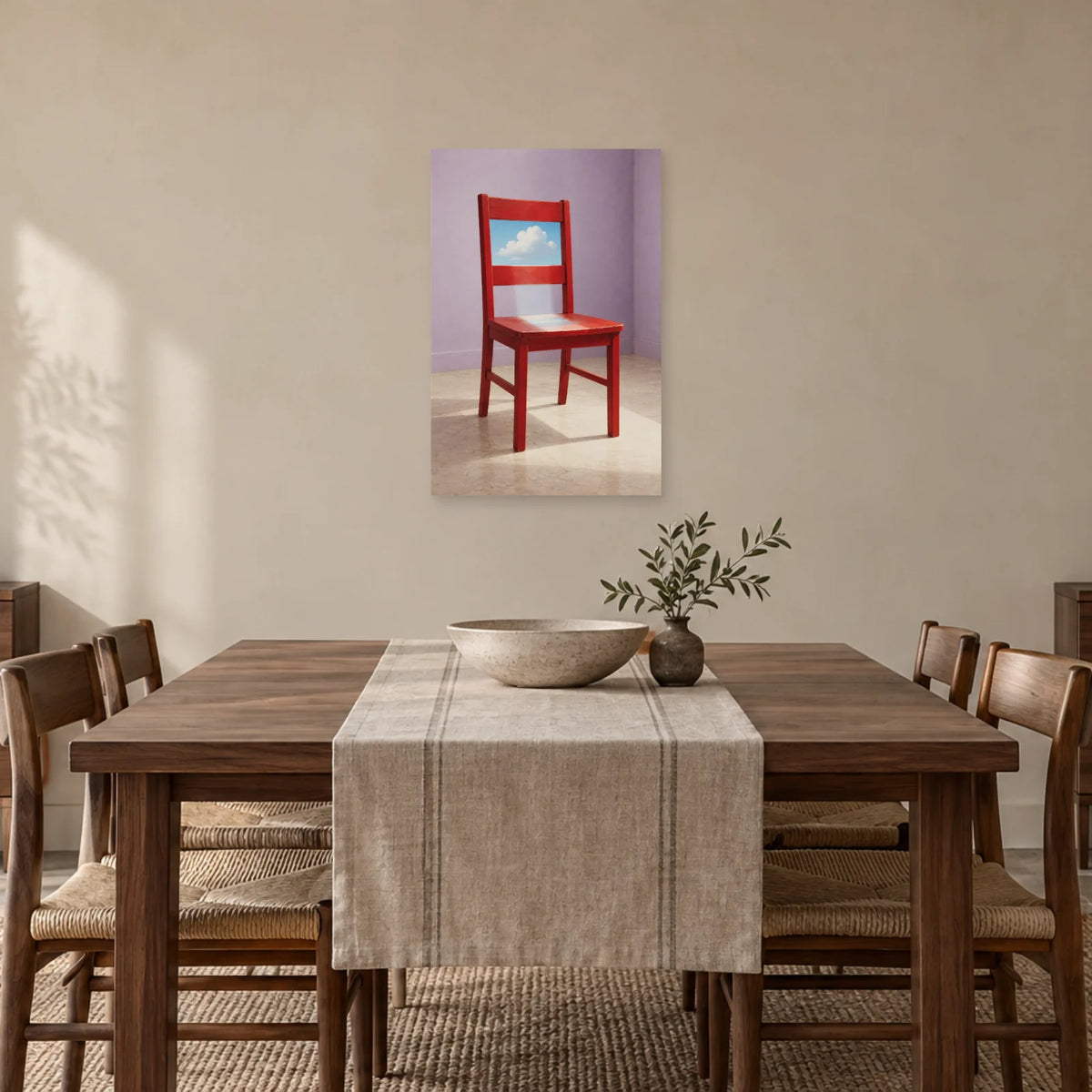Affiche surréaliste chaise ouverte sur le ciel dans une salle à manger - Art Virtuoso