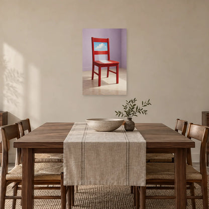 Affiche surréaliste chaise ouverte sur le ciel dans une salle à manger - Art Virtuoso