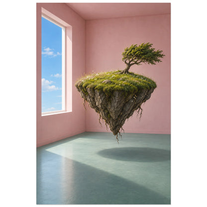 Affiche surréaliste île suspendue dans la chambre, réalisme photographique / composition surréaliste / création numérique verticale, format 60 × 90 cm