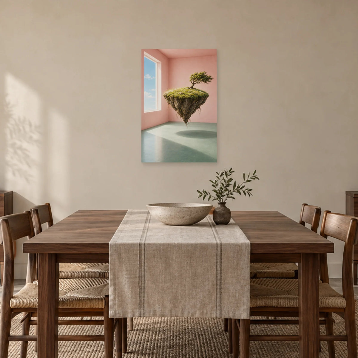 Affiche surréaliste île suspendue dans la chambre dans une salle à manger - Art Virtuoso