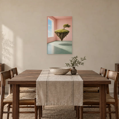 Affiche surréaliste île suspendue dans la chambre dans une salle à manger - Art Virtuoso