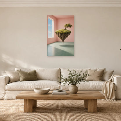 Affiche surréaliste île suspendue dans la chambre dans un salon - Art Virtuoso
