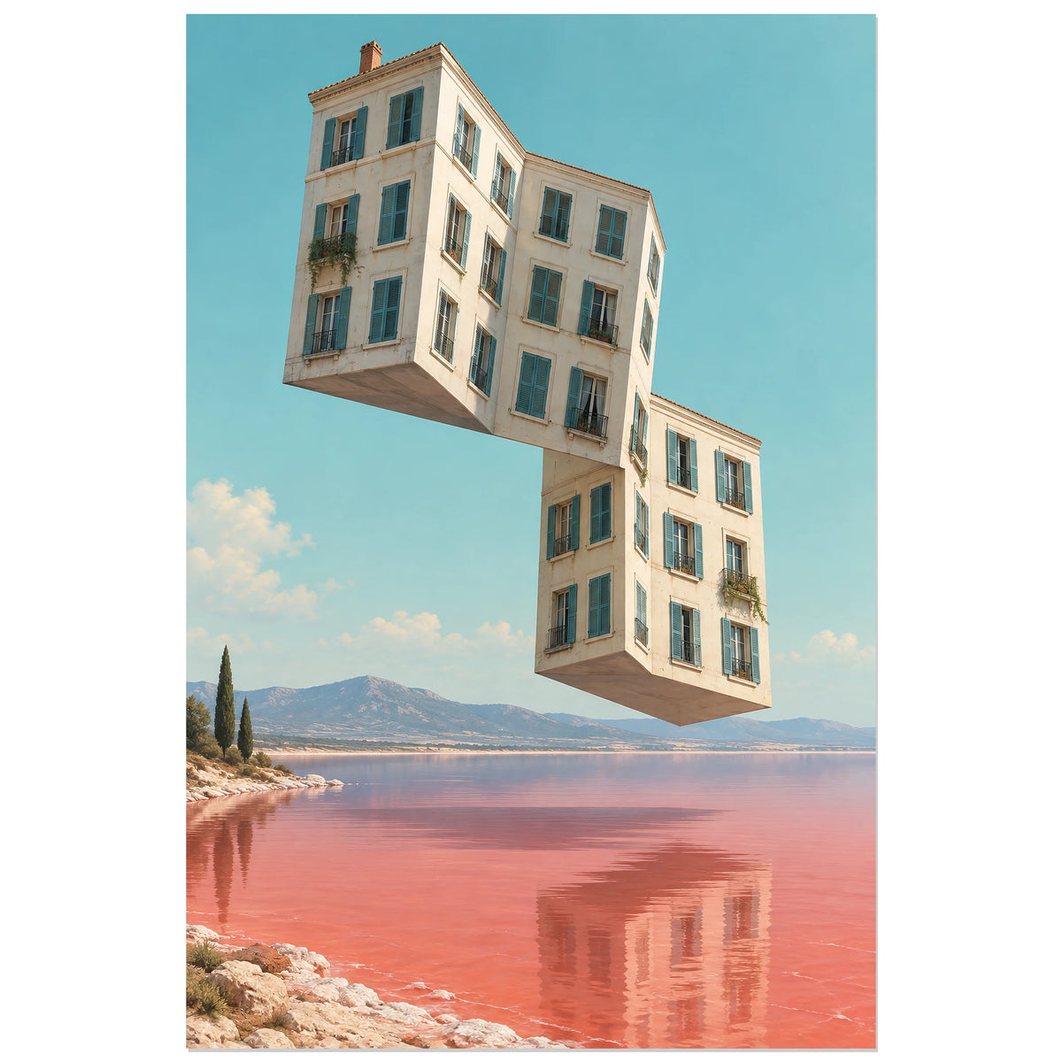 Affiche surréaliste immeuble plié, réalisme photographique / composition surréaliste / création numérique verticale, format 30 × 45 cm