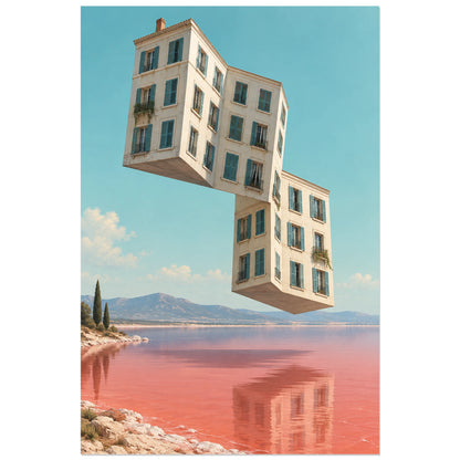 Affiche surréaliste immeuble plié, réalisme photographique / composition surréaliste / création numérique verticale, format 40 × 60 cm