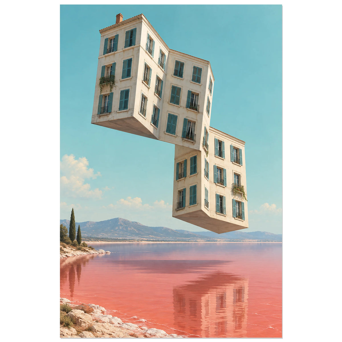 Affiche surréaliste immeuble plié, réalisme photographique / composition surréaliste / création numérique verticale, format 60 × 90 cm