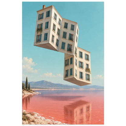 Affiche surréaliste immeuble plié, réalisme photographique / composition surréaliste / création numérique verticale, format 60 × 90 cm