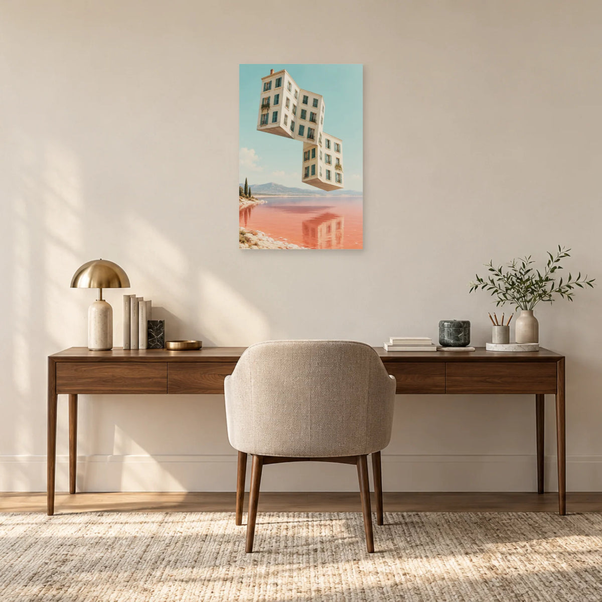 Affiche surréaliste immeuble plié dans un bureau - Art Virtuoso