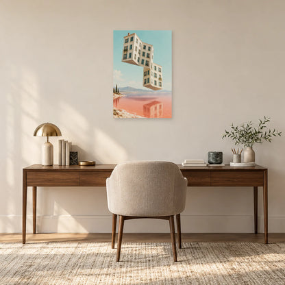 Affiche surréaliste immeuble plié dans un bureau - Art Virtuoso