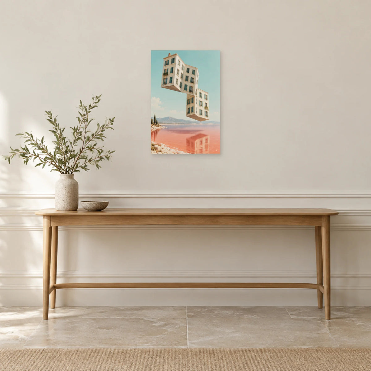 Affiche surréaliste immeuble plié dans une entrée ou un couloir - Art Virtuoso