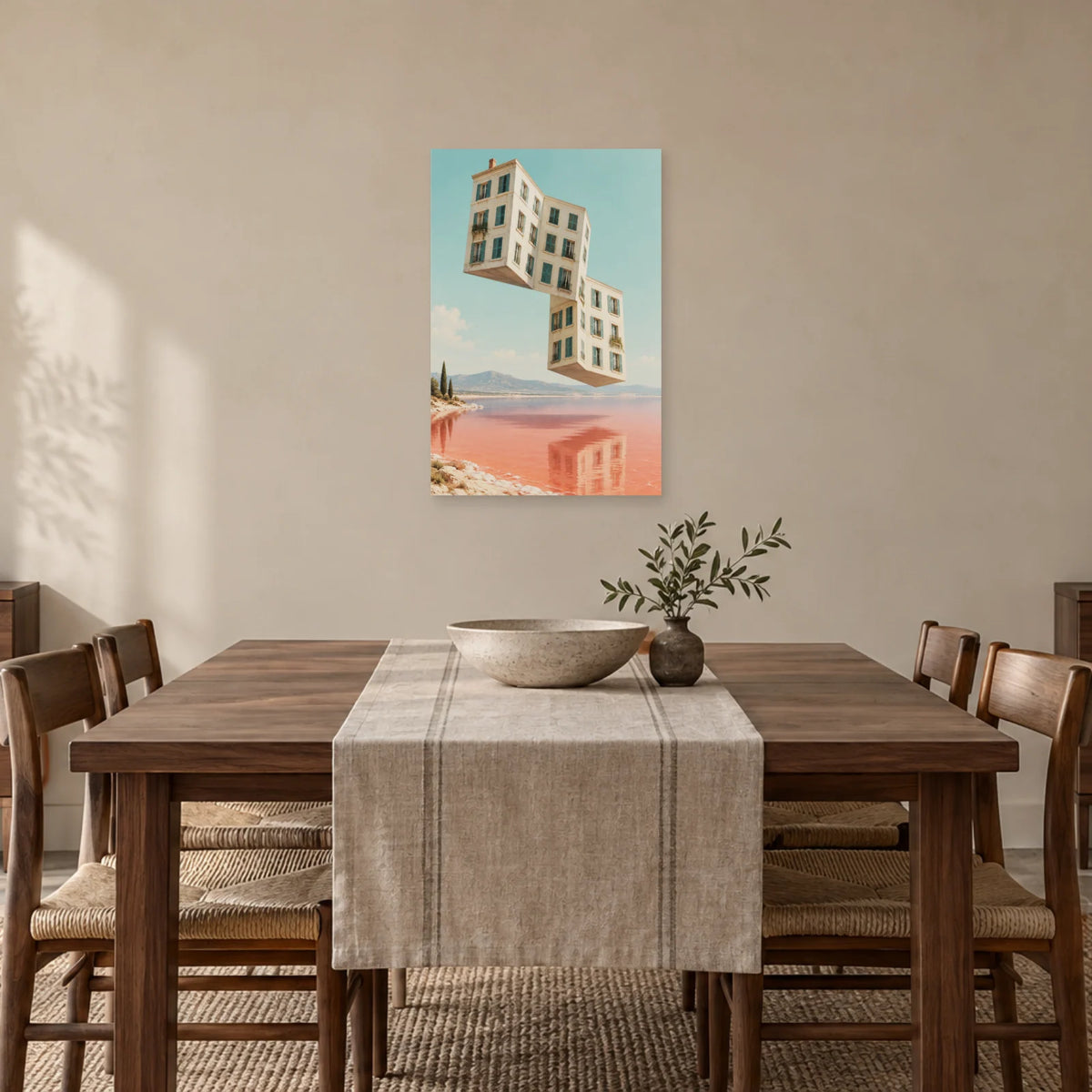 Affiche surréaliste immeuble plié dans une salle à manger - Art Virtuoso