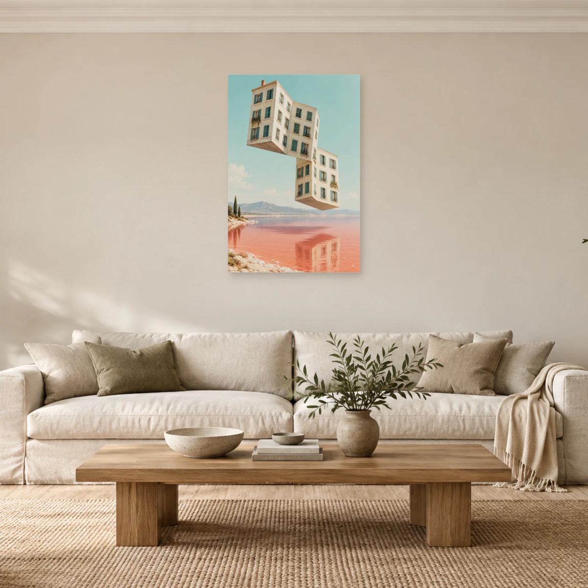 Affiche surréaliste immeuble plié dans un salon - Art Virtuoso