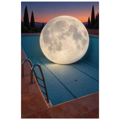 Affiche surréaliste lune dans la piscine, réalisme photographique / composition surréaliste / création numérique verticale, format 60 × 90 cm