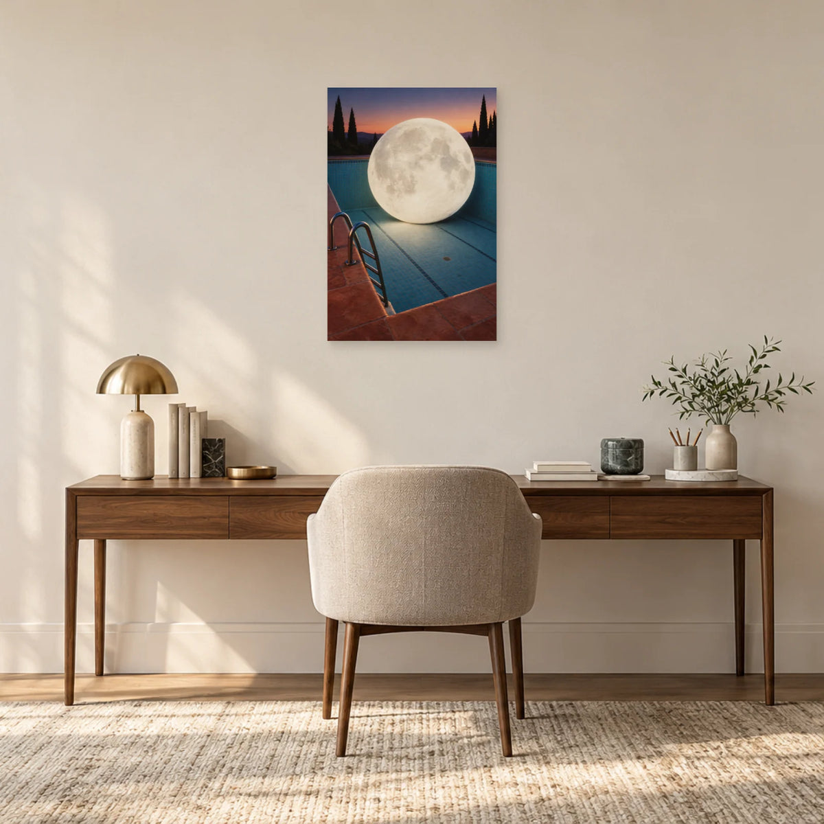 Affiche surréaliste lune dans la piscine dans un bureau - Art Virtuoso
