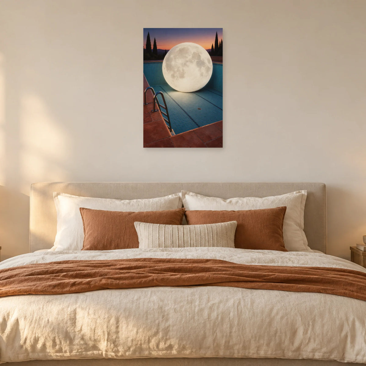 Affiche surréaliste lune dans la piscine dans une chambre - Art Virtuoso