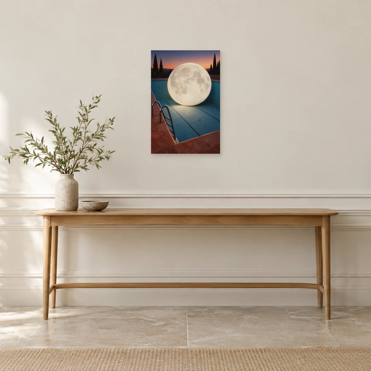 Affiche surréaliste lune dans la piscine dans une entrée ou un couloir - Art Virtuoso