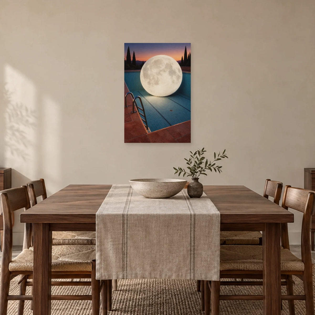 Affiche surréaliste lune dans la piscine dans une salle à manger - Art Virtuoso