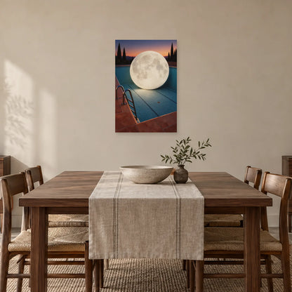 Affiche surréaliste lune dans la piscine dans une salle à manger - Art Virtuoso