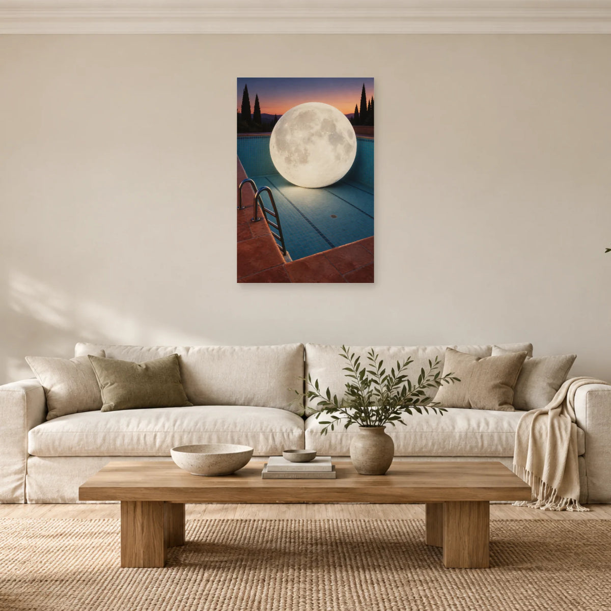 Affiche surréaliste lune dans la piscine dans un salon - Art Virtuoso