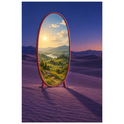 Affiche surréaliste miroir d'un autre jour, réalisme photographique / composition surréaliste / création numérique verticale, format 30 × 45 cm
