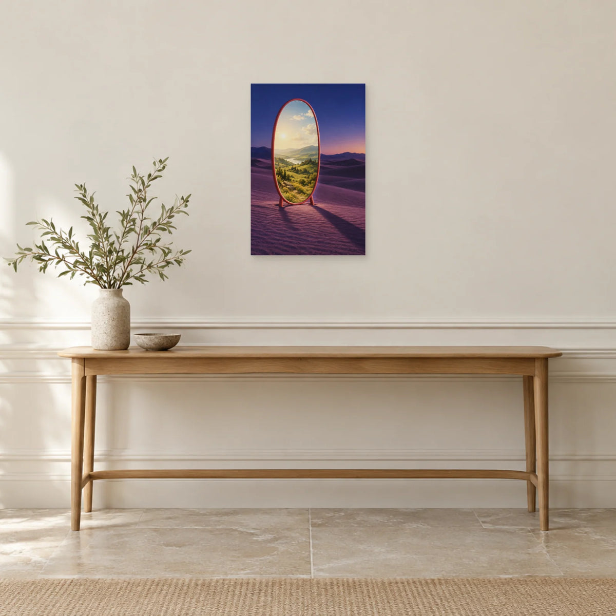 Affiche surréaliste miroir d'un autre jour dans une entrée ou un couloir - Art Virtuoso