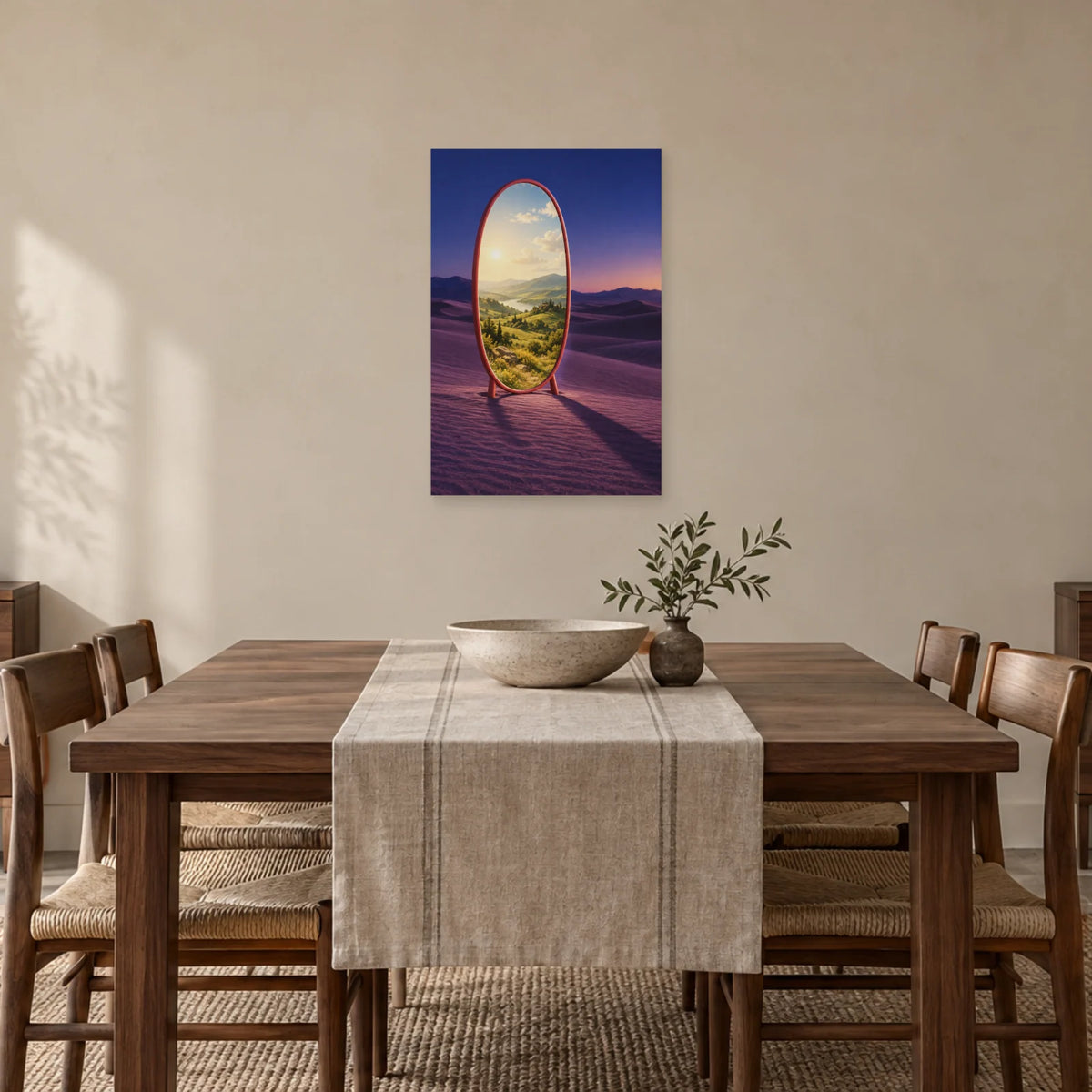 Affiche surréaliste miroir d'un autre jour dans une salle à manger - Art Virtuoso
