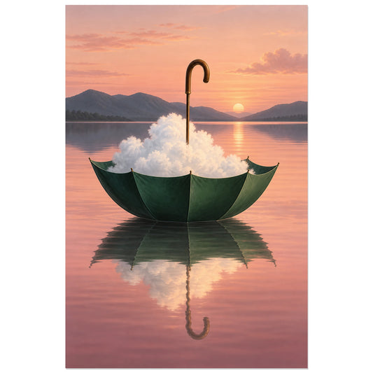 Affiche surréaliste parapluie recueillant un nuage, réalisme photographique / composition surréaliste / création numérique verticale, format 30 × 45 cm