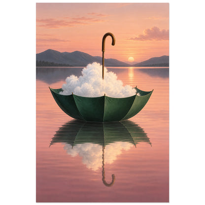 Affiche surréaliste parapluie recueillant un nuage, réalisme photographique / composition surréaliste / création numérique verticale, format 60 × 90 cm