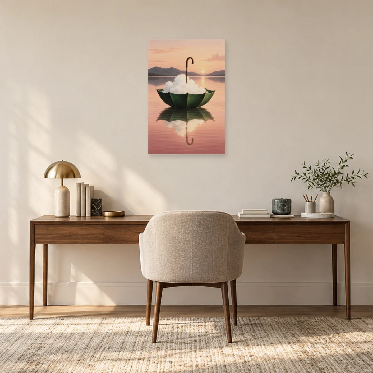 Affiche surréaliste parapluie recueillant un nuage dans un bureau - Art Virtuoso