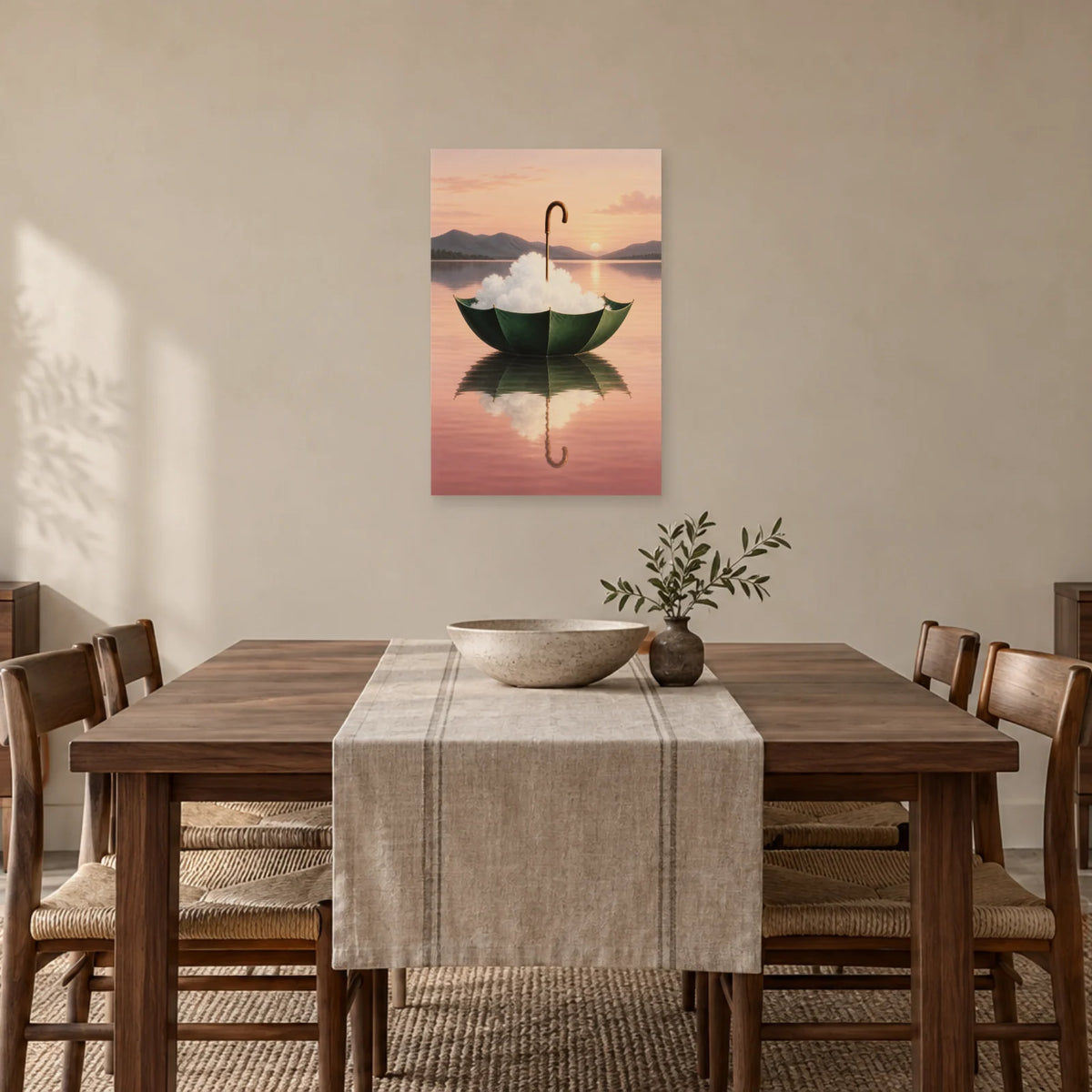 Affiche surréaliste parapluie recueillant un nuage dans une salle à manger - Art Virtuoso