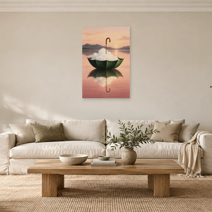 Affiche surréaliste parapluie recueillant un nuage dans un salon - Art Virtuoso