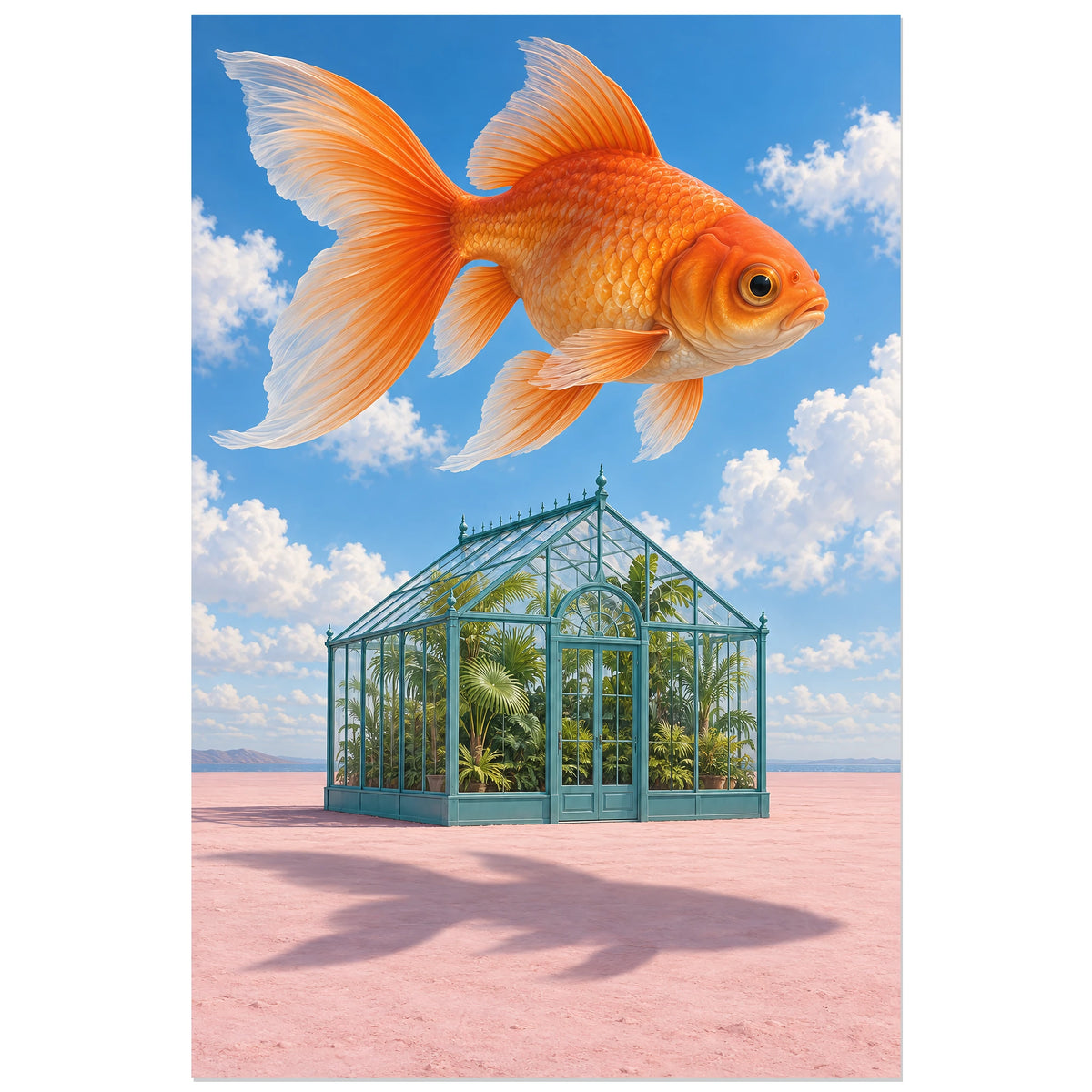 Affiche surréaliste poisson au-dessus de la serre, réalisme photographique / composition surréaliste / création numérique verticale, format 30 × 45 cm
